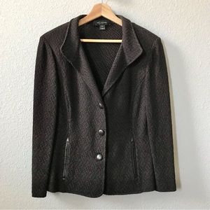 St John Brown Santana Knit Jacket Size 8 Leather Buttons Trim Wool Blend Blazer